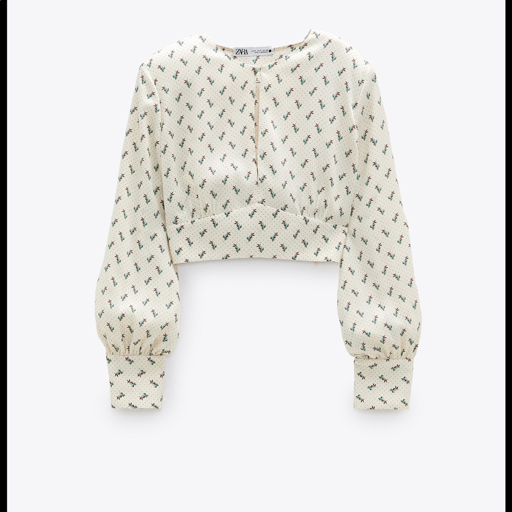 NWT Zara Floral Print Shoulder Pad Ivory Satin Blouse Sz L